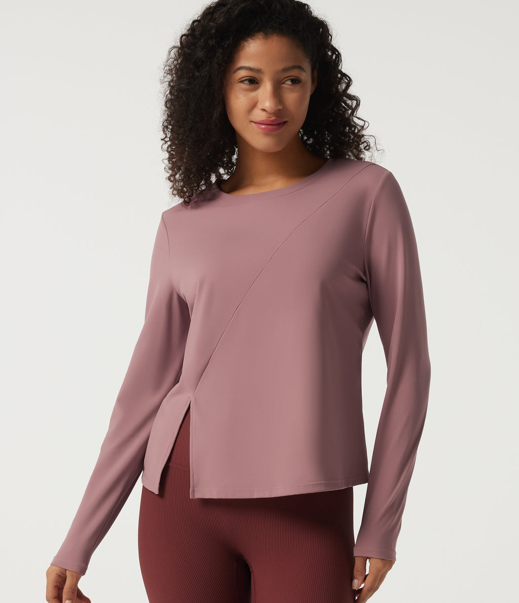 Round Neck Quick Dry Long Sleeve Seam Split Hem Running Sports Top-UPF50+ — Nostalgia Rose — view 4