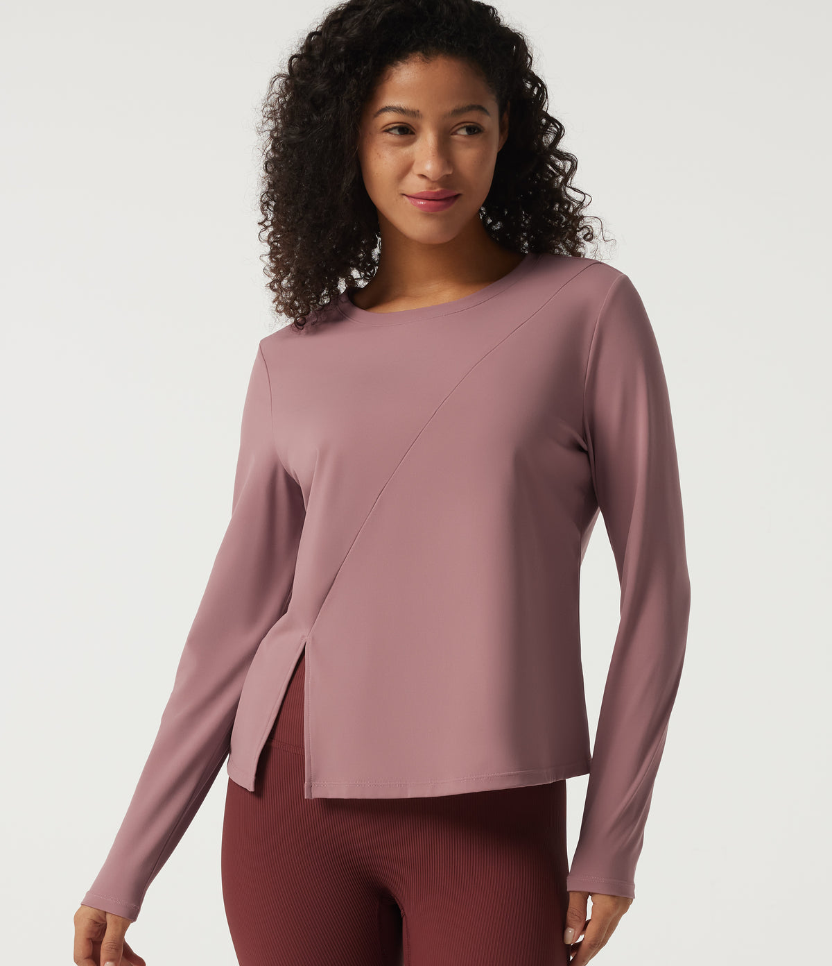 Round Neck Quick Dry Long Sleeve Seam Split Hem Running Sports Top-UPF50+ — Nostalgia Rose — view 4