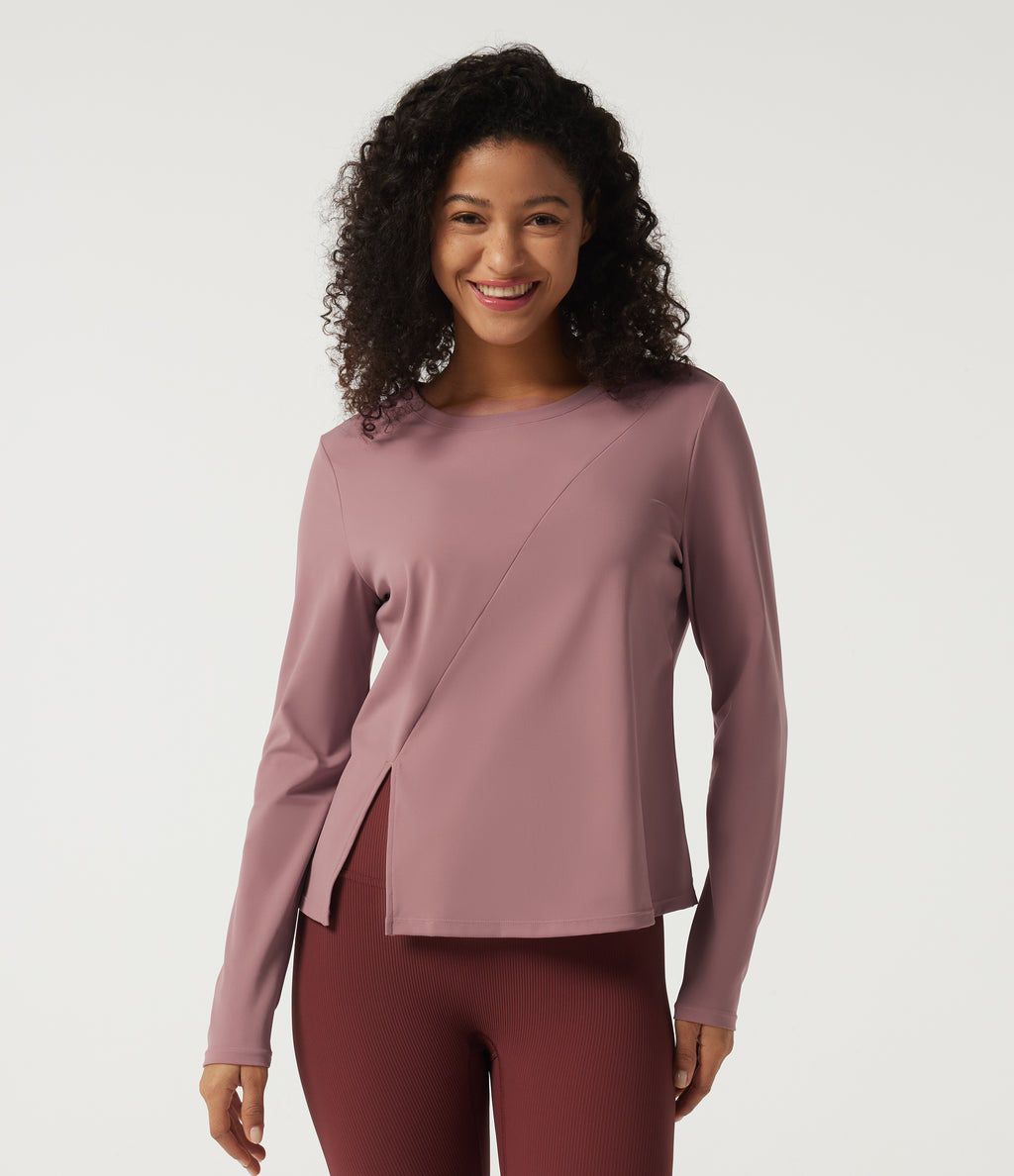 Round Neck Quick Dry Long Sleeve Seam Split Hem Running Sports Top-UPF50+ — Nostalgia Rose — view 1