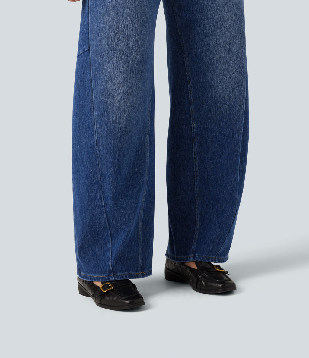 High Waisted Barrel Leg Casual Jeans with Pockets — Tide Blue Denim — view 6