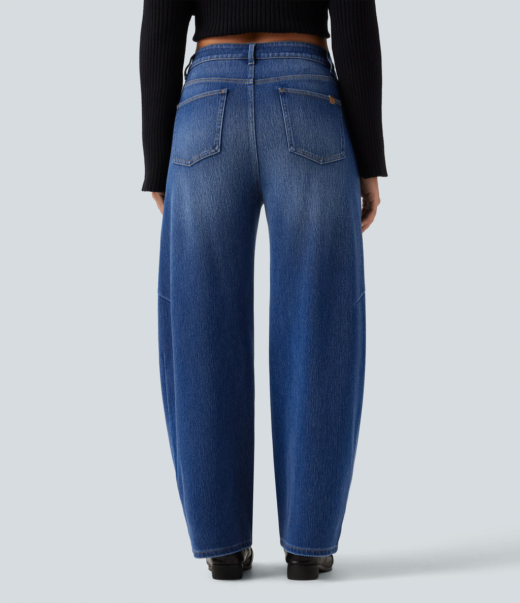 High Waisted Barrel Leg Casual Jeans with Pockets — Tide Blue Denim — view 2