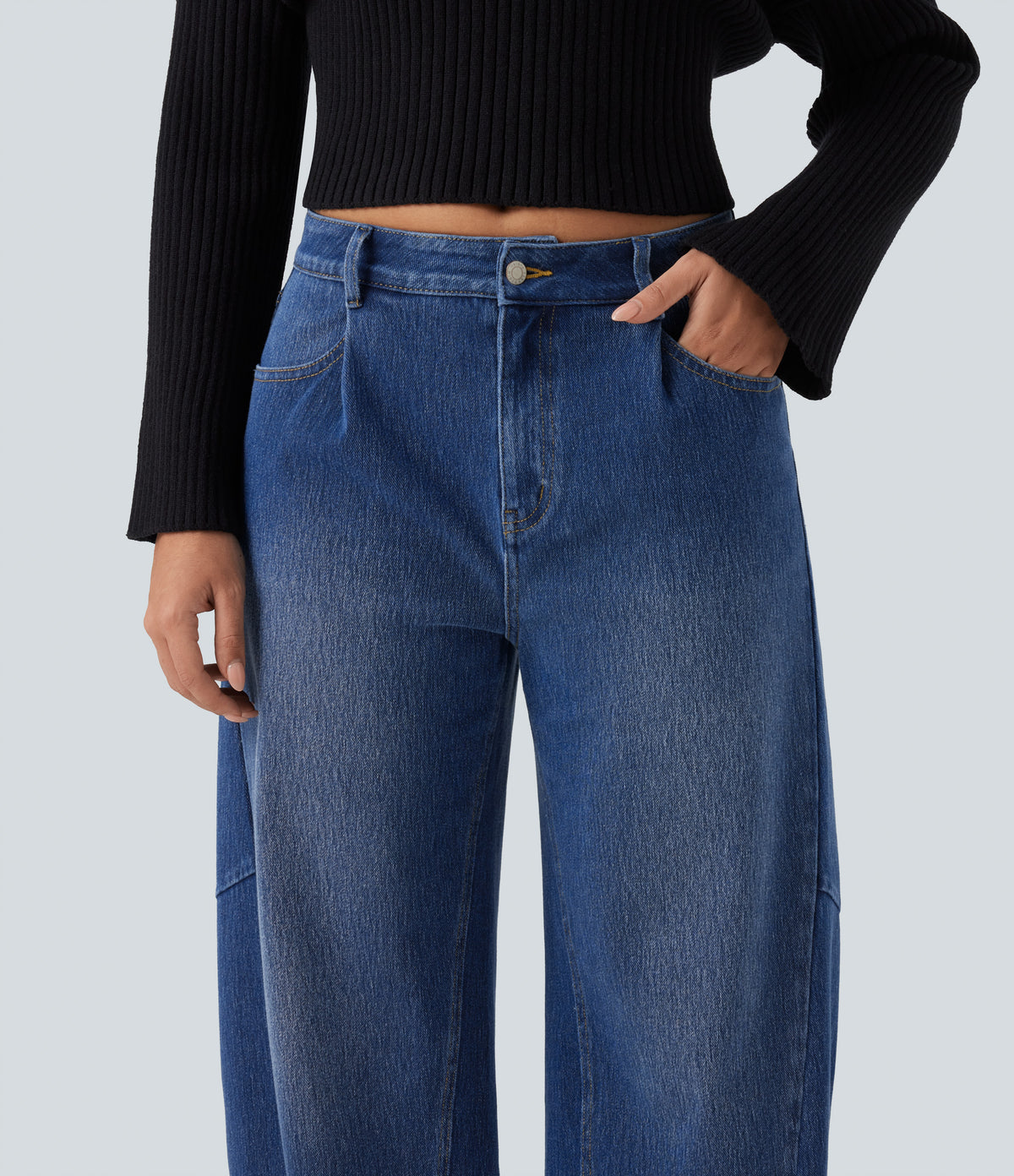 High Waisted Barrel Leg Casual Jeans with Pockets — Tide Blue Denim — view 4