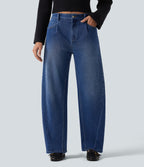 High Waisted Barrel Leg Casual Jeans with Pockets — Tide Blue Denim — view 1