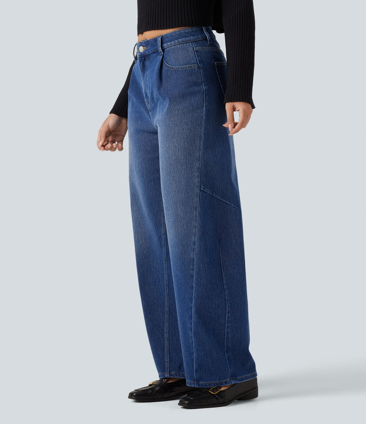High Waisted Barrel Leg Casual Jeans with Pockets — Tide Blue Denim — view 3