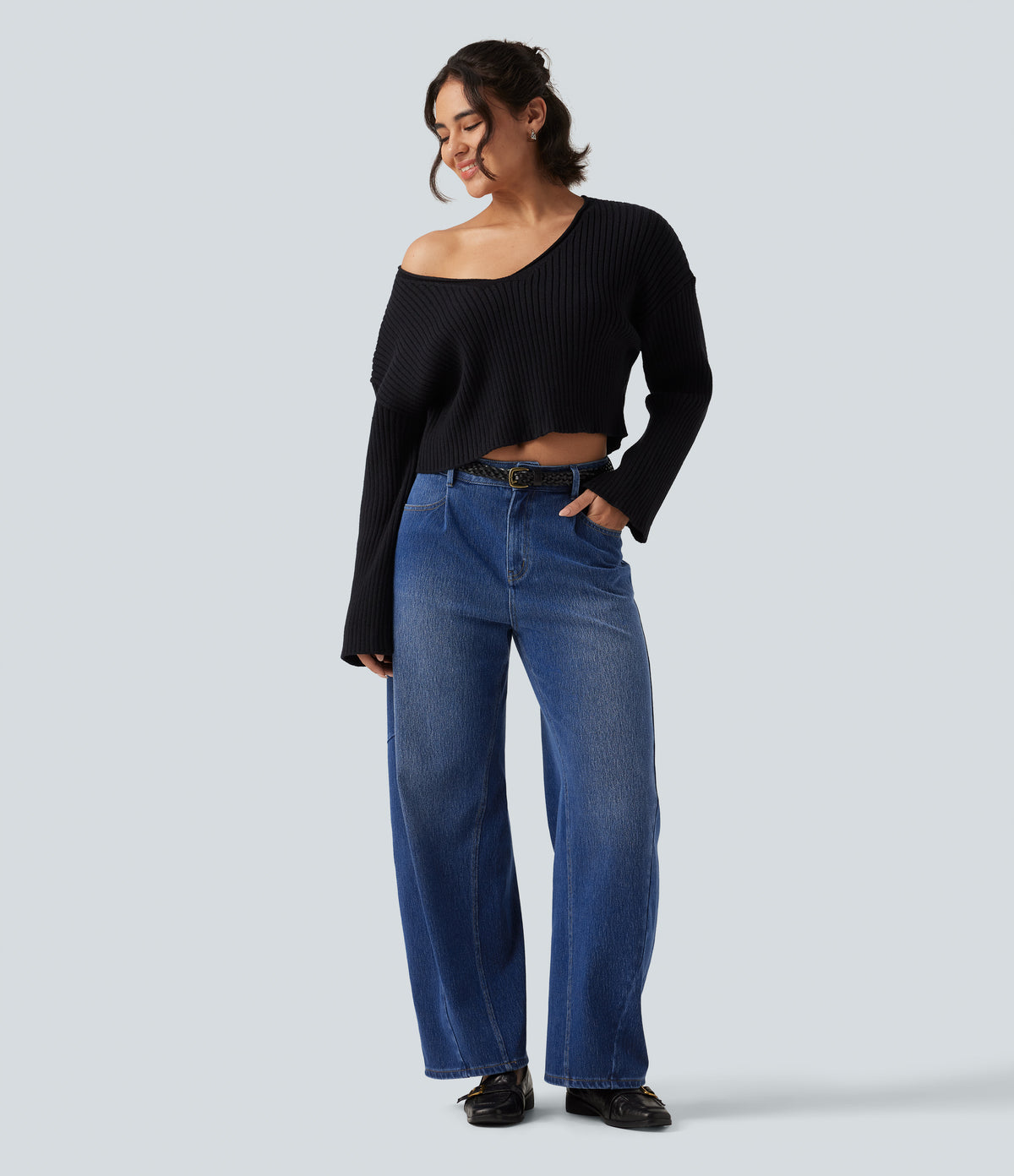 High Waisted Barrel Leg Casual Jeans with Pockets — Tide Blue Denim — view 8