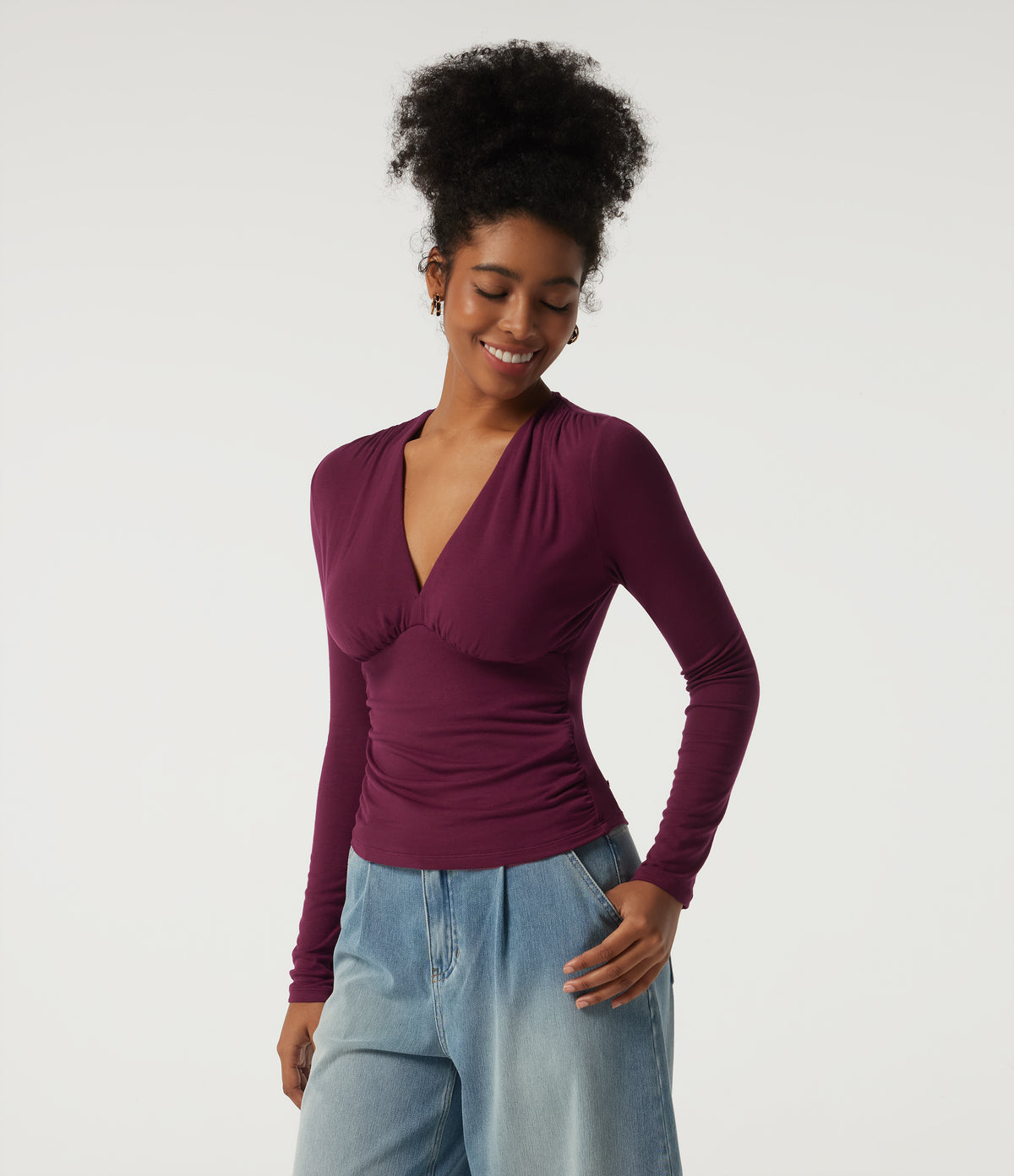 Ribbed V Neck Long Sleeve Ruched Casual Top with Built-in Bra — Maroon Banner — view 3