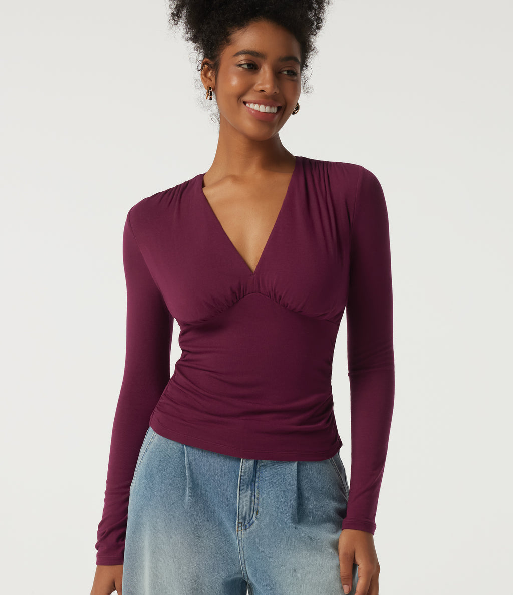Ribbed V Neck Long Sleeve Ruched Casual Top with Built-in Bra — Maroon Banner — view 4