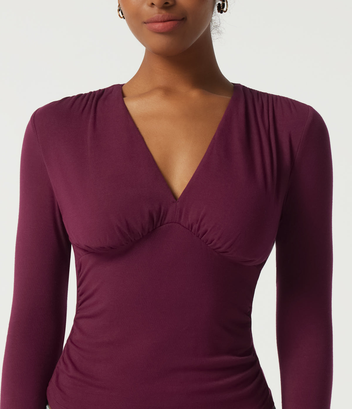 Ribbed V Neck Long Sleeve Ruched Casual Top with Built-in Bra — Maroon Banner — view 6