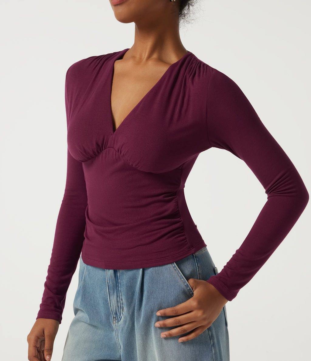Ribbed V Neck Long Sleeve Ruched Casual Top with Built-in Bra — Maroon Banner — view 5