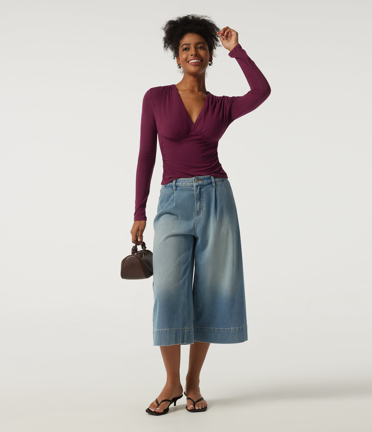 Ribbed V Neck Long Sleeve Ruched Casual Top with Built-in Bra — Maroon Banner — view 7