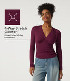 Ribbed V Neck Long Sleeve Ruched Casual Top with Built-in Bra — Maroon Banner — view 1