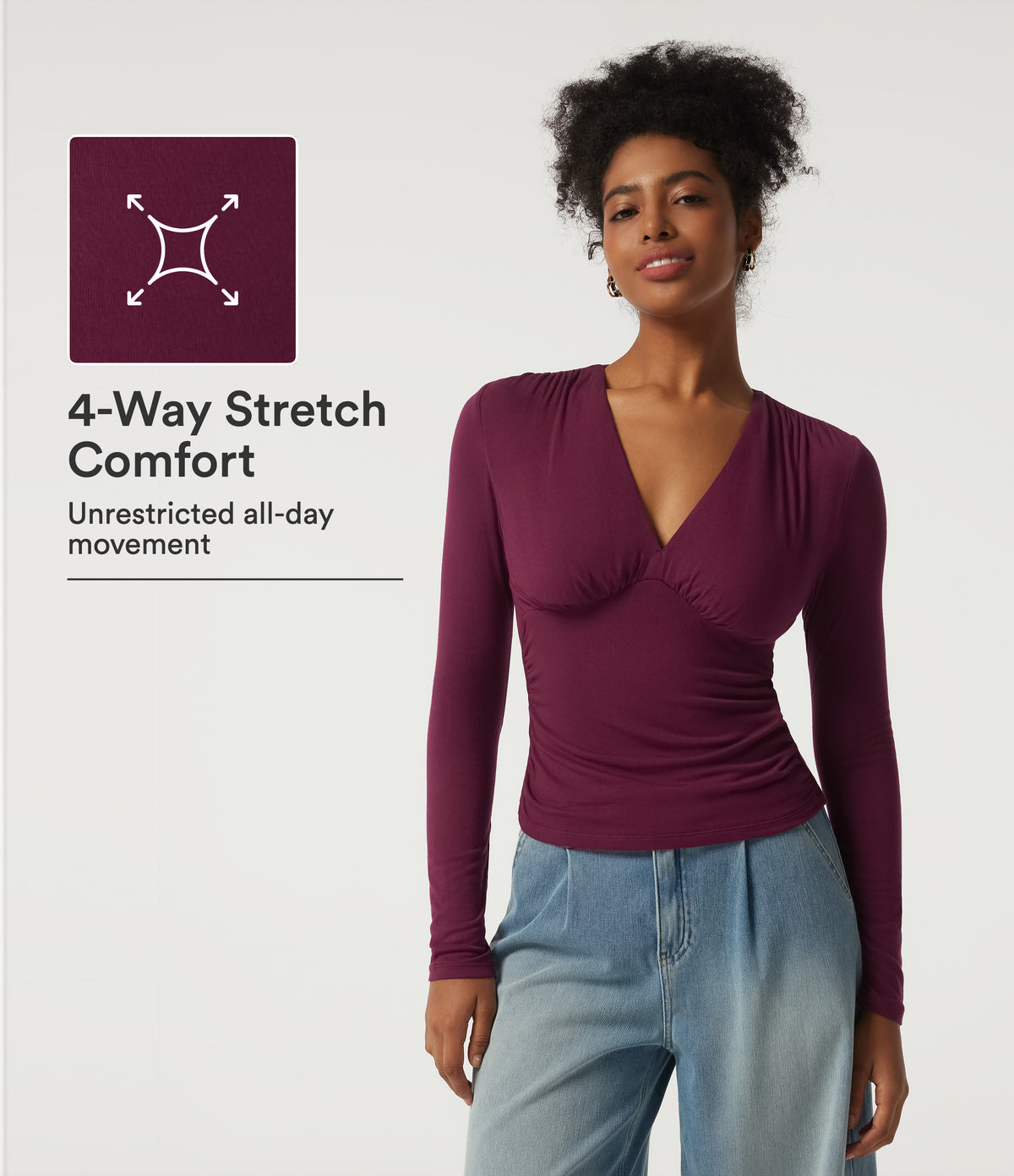 Ribbed V Neck Long Sleeve Ruched Casual Top with Built-in Bra — Maroon Banner — view 1