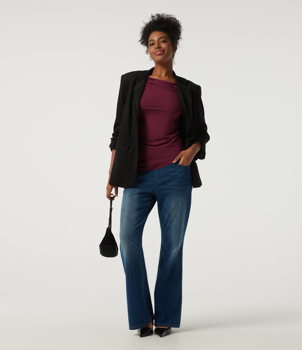 Boat Neck Long Sleeve Ruched Work Top — Purple Potion — view 8
