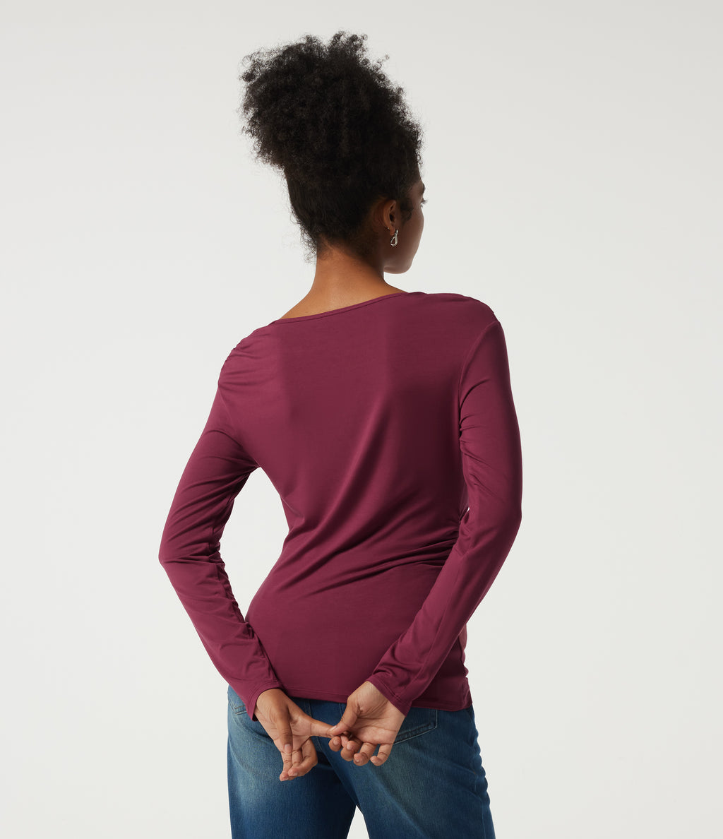 Boat Neck Long Sleeve Ruched Work Top — Purple Potion — view 2