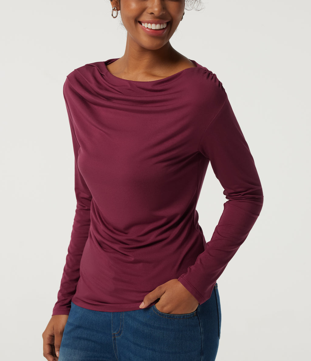 Boat Neck Long Sleeve Ruched Work Top — Purple Potion — view 5