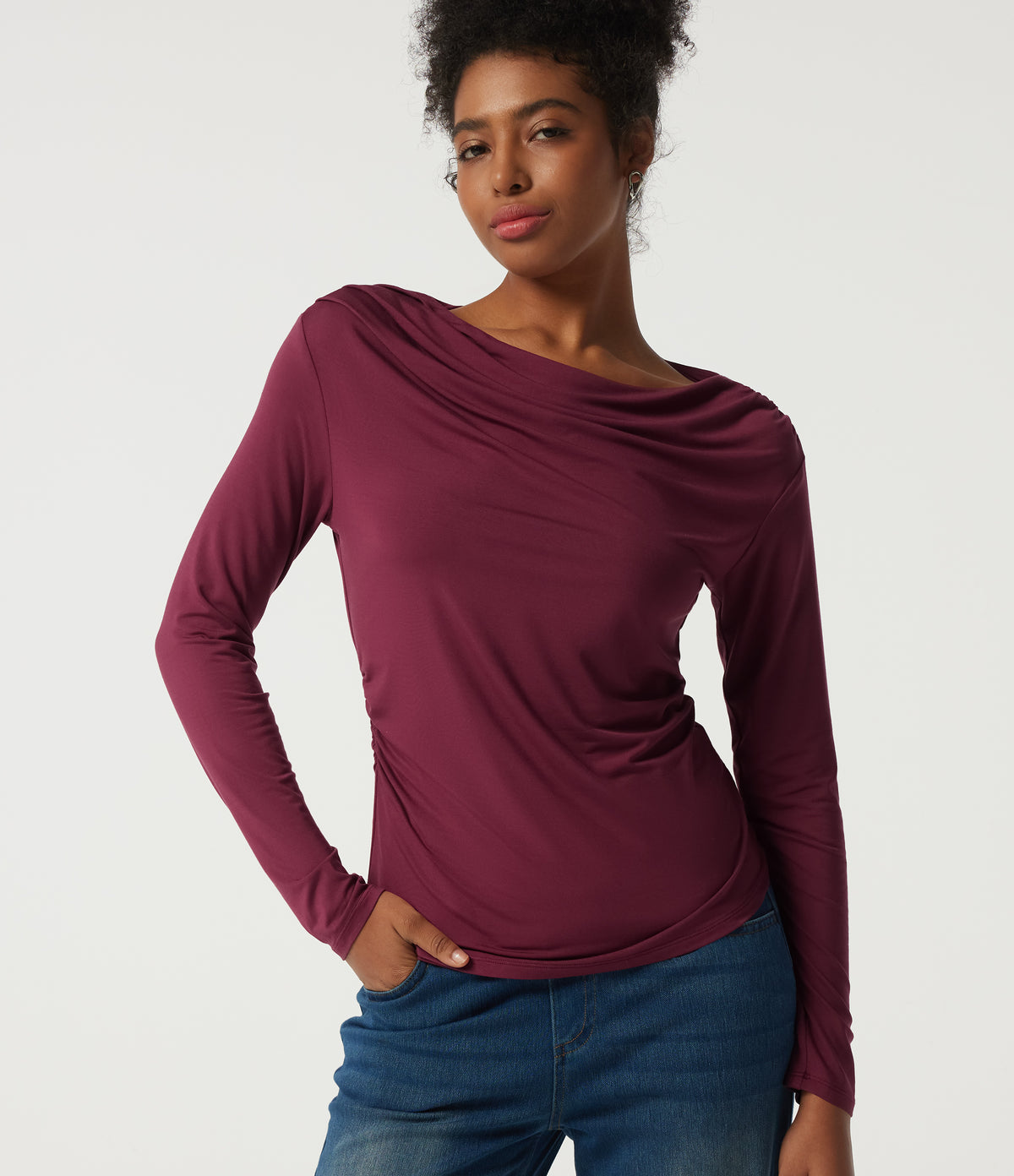 Boat Neck Long Sleeve Ruched Work Top — Purple Potion — view 1