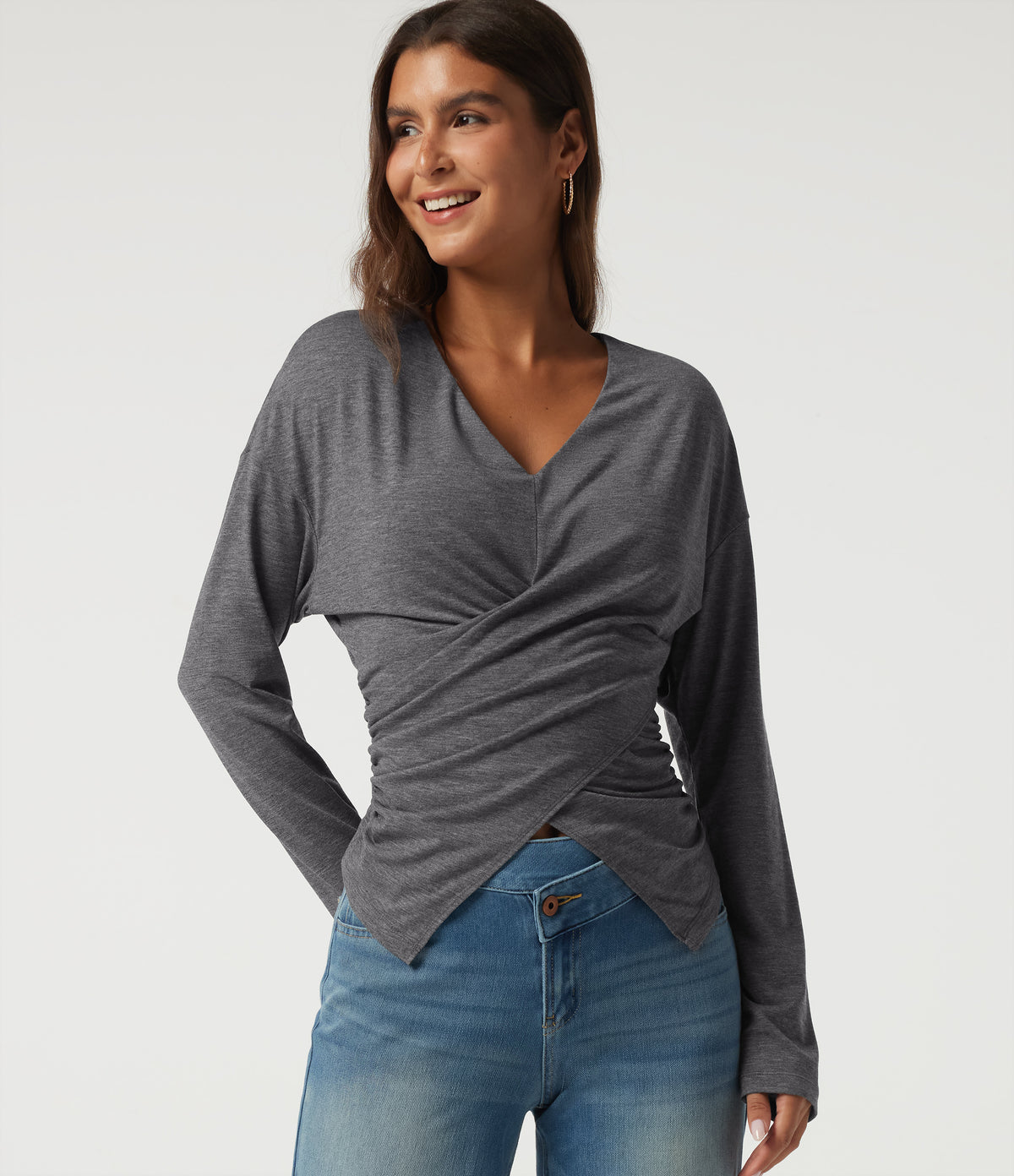 V Neck Dropped Shoulder Long Sleeve Casual T-Shirt — Darl Gray Floral Yarn — view 4