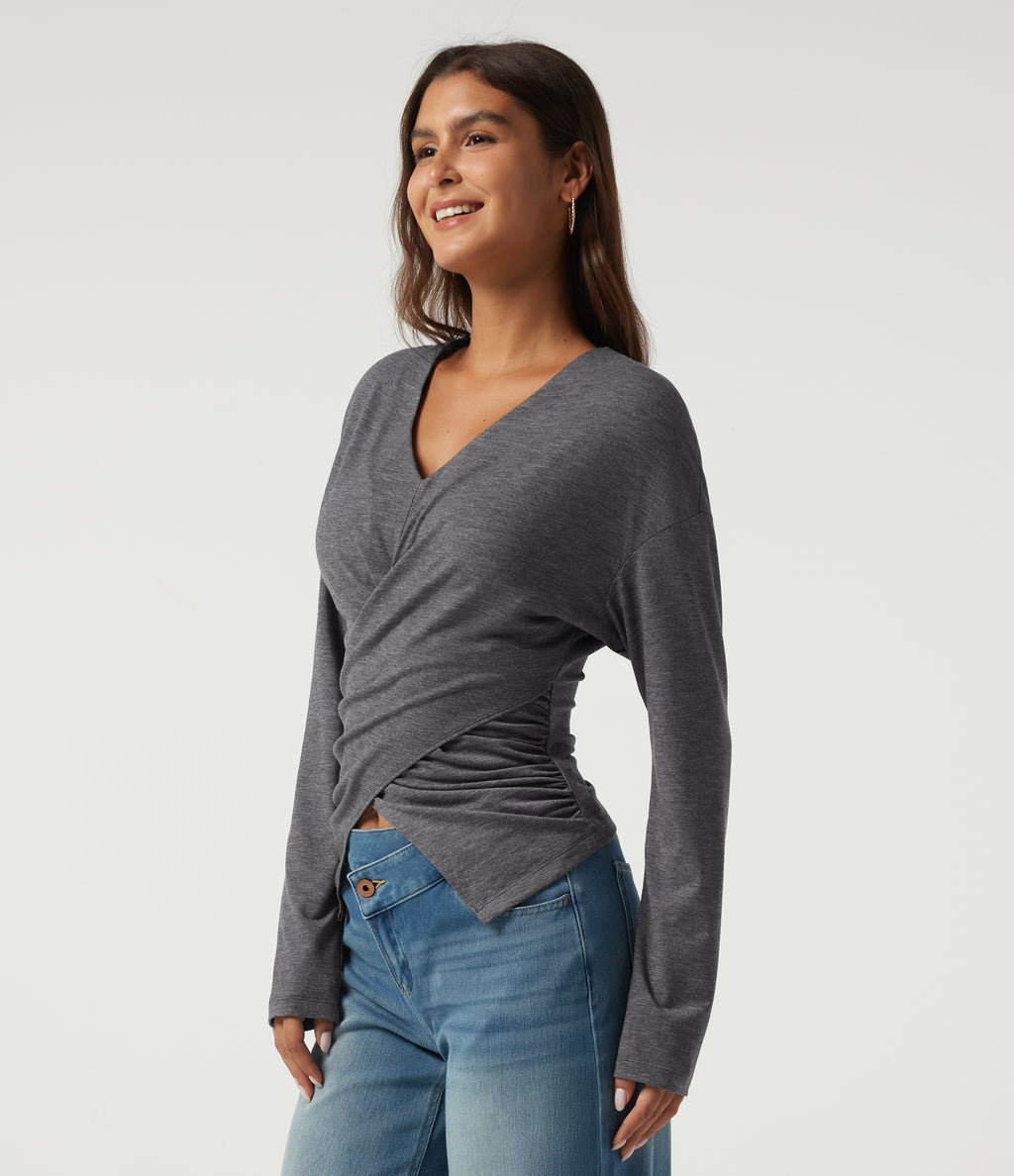 V Neck Dropped Shoulder Long Sleeve Casual T-Shirt — Darl Gray Floral Yarn — view 3