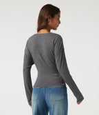 V Neck Dropped Shoulder Long Sleeve Casual T-Shirt — Darl Gray Floral Yarn — view 2