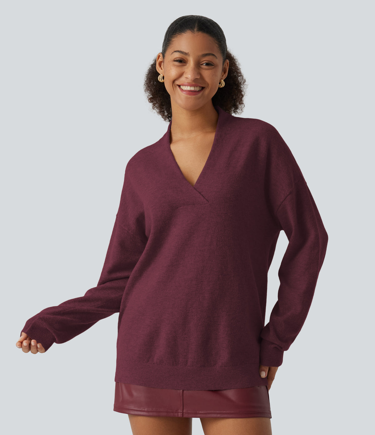 V Neck Long Sleeve Work Sweater — Burgundy — view 1