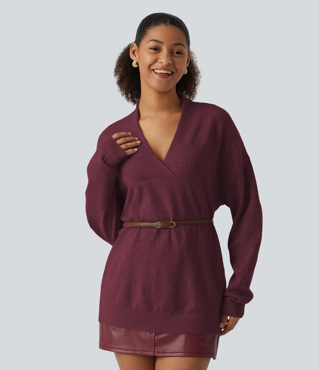 V Neck Long Sleeve Work Sweater — Burgundy — view 4