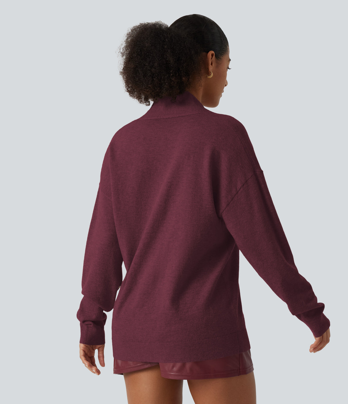 V Neck Long Sleeve Work Sweater — Burgundy — view 2
