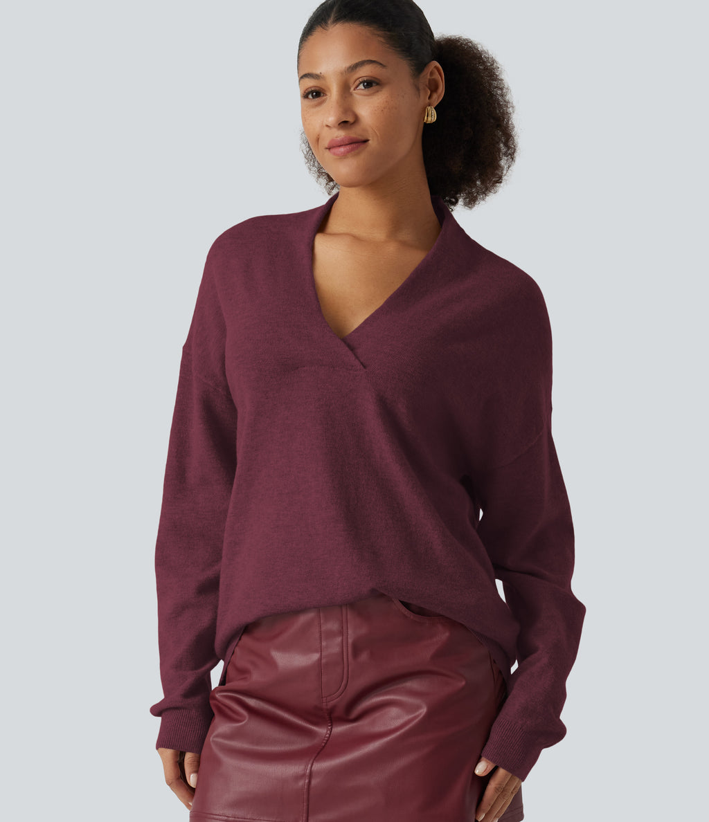 V Neck Long Sleeve Work Sweater — Burgundy — view 5