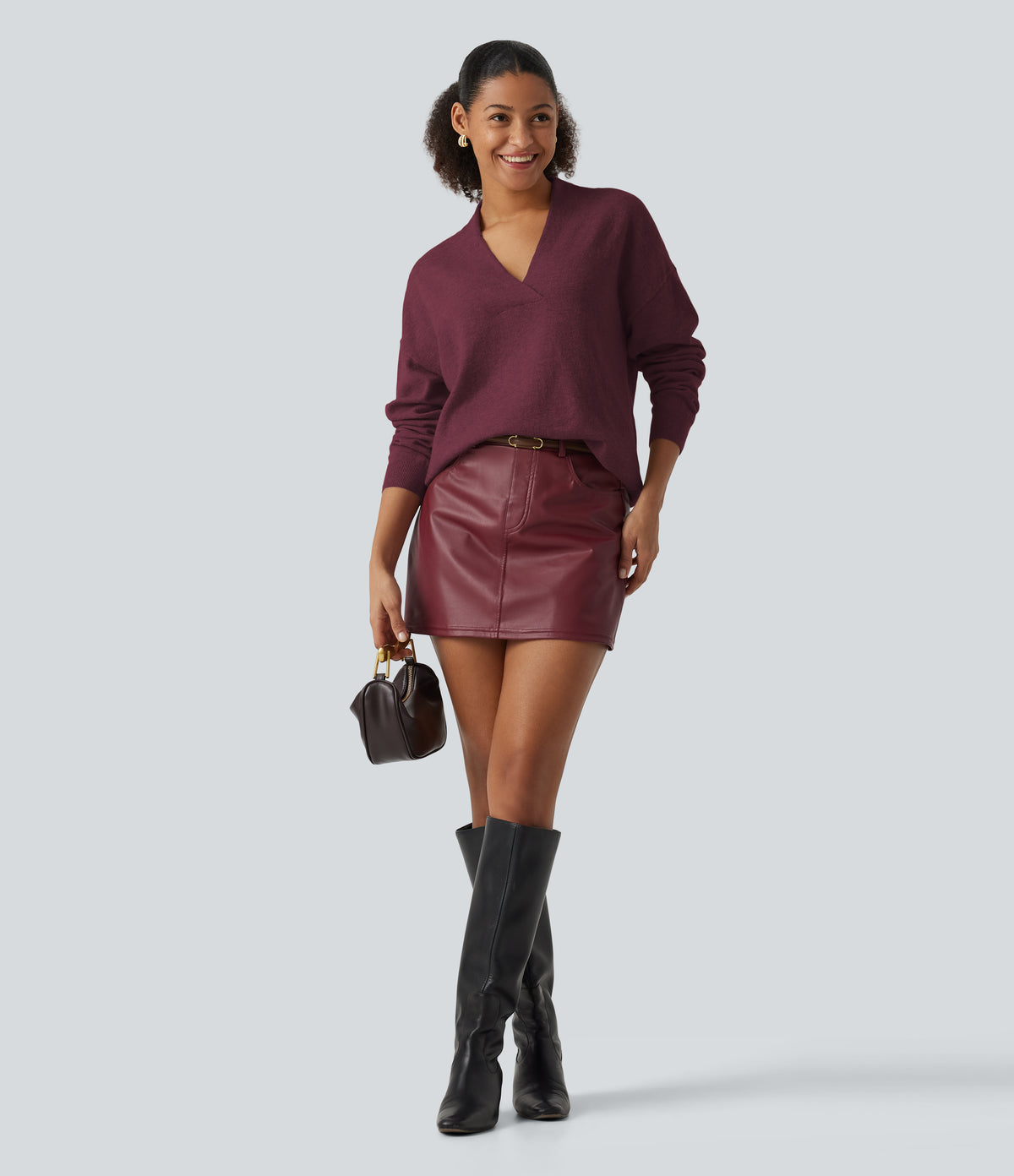 V Neck Long Sleeve Work Sweater — Burgundy — view 7