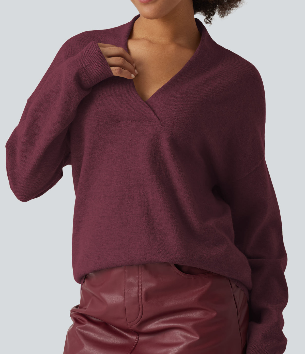 V Neck Long Sleeve Work Sweater — Burgundy — view 6