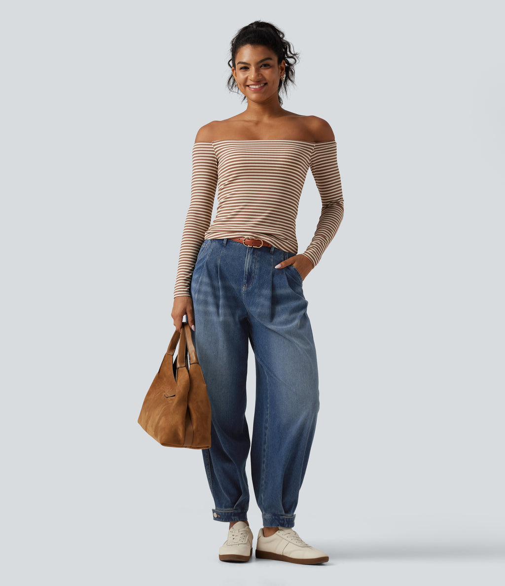 High Waisted Casual Denim Joggers with Pockets — Pageant Blue Denim — view 8