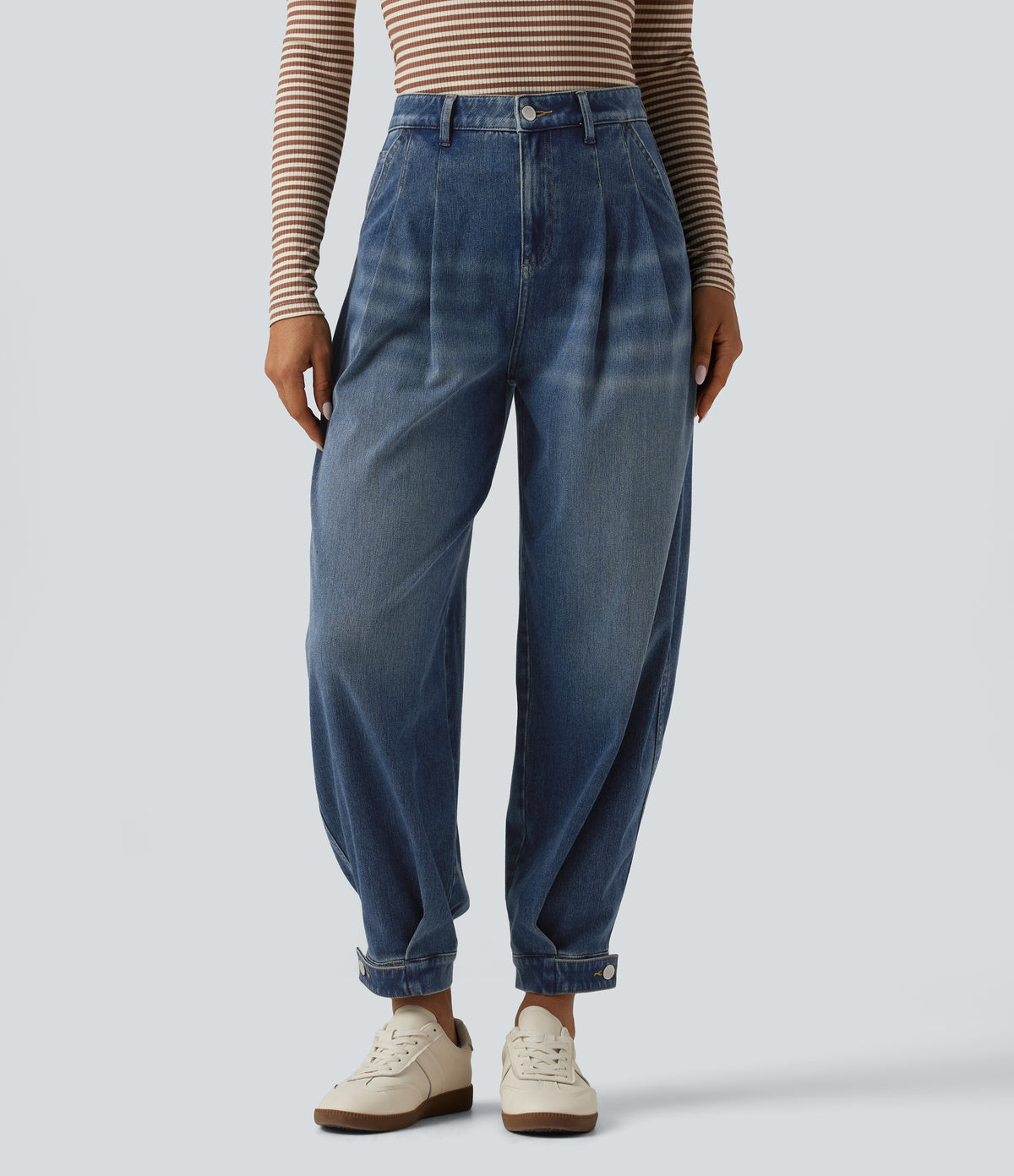 High Waisted Casual Denim Joggers with Pockets — Pageant Blue Denim — view 1