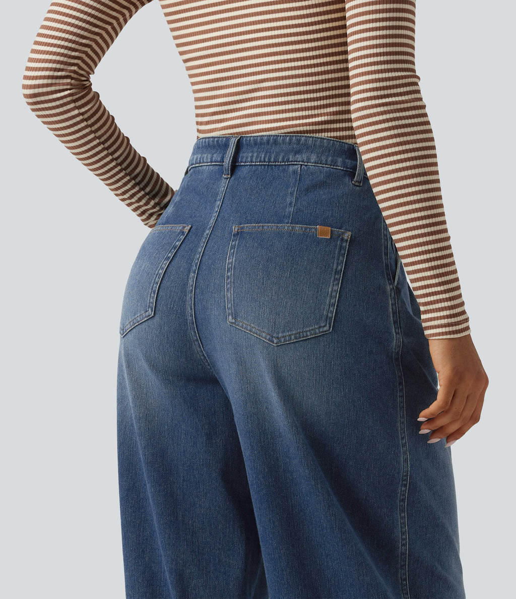 High Waisted Casual Denim Joggers with Pockets — Pageant Blue Denim — view 5