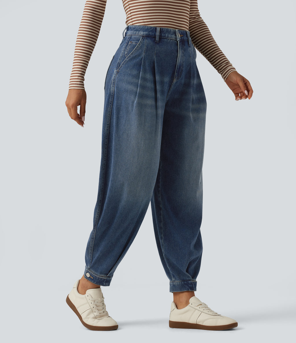 High Waisted Casual Denim Joggers with Pockets — Pageant Blue Denim — view 3