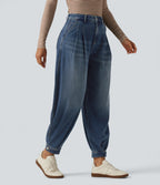 High Waisted Casual Denim Joggers with Pockets — Pageant Blue Denim — view 3