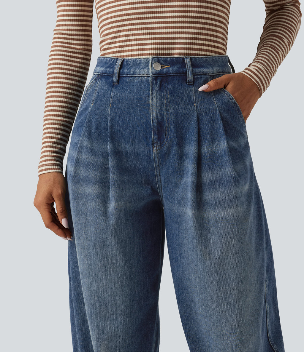 High Waisted Casual Denim Joggers with Pockets — Pageant Blue Denim — view 4