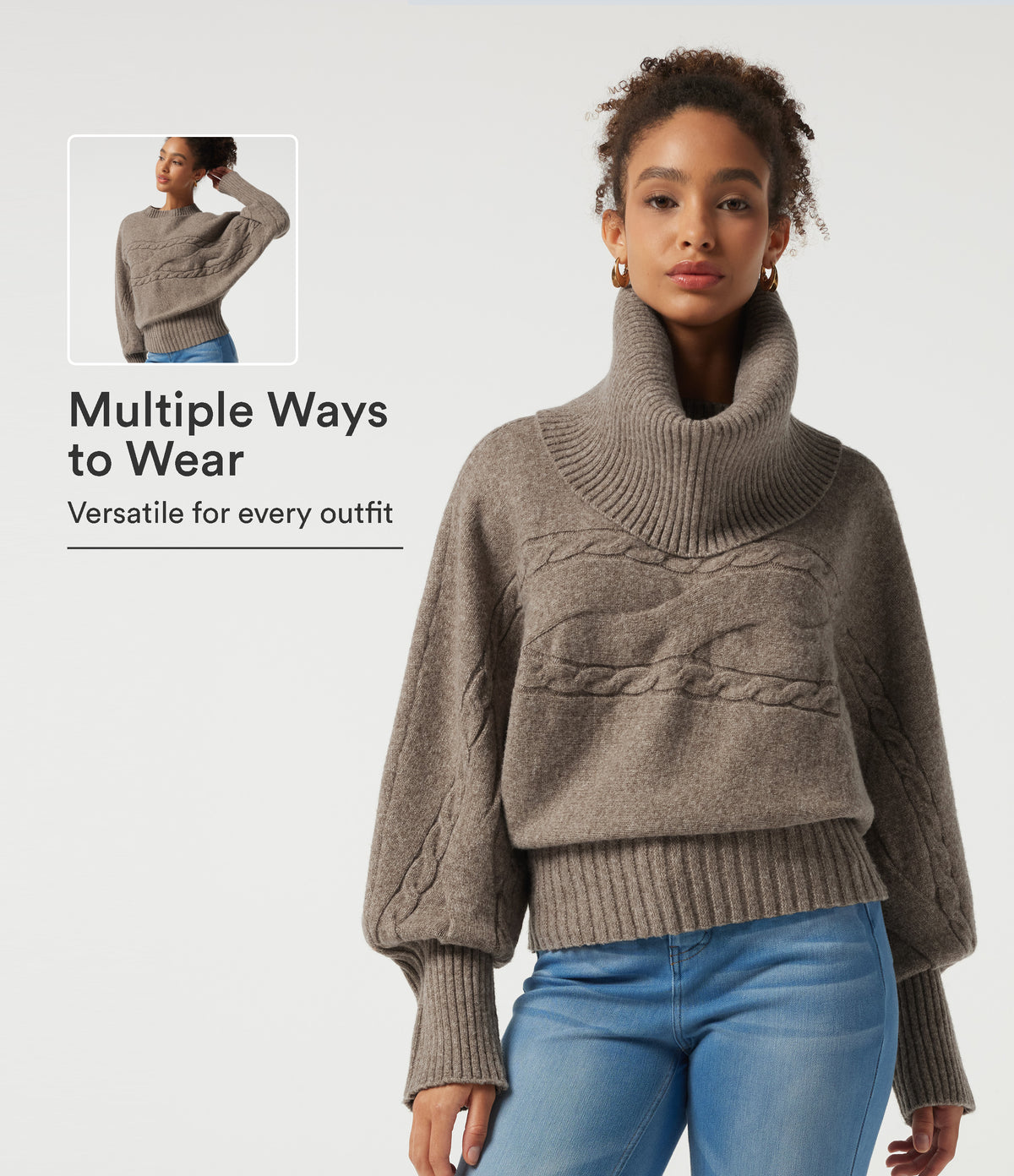 High Neck Long Sleeve Casual Sweater — Plaza Taupe — view 1