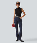 Mid Rise Straight Leg Casual Cotton Jeans with Pockets — Inkling Blue Denim — view 7