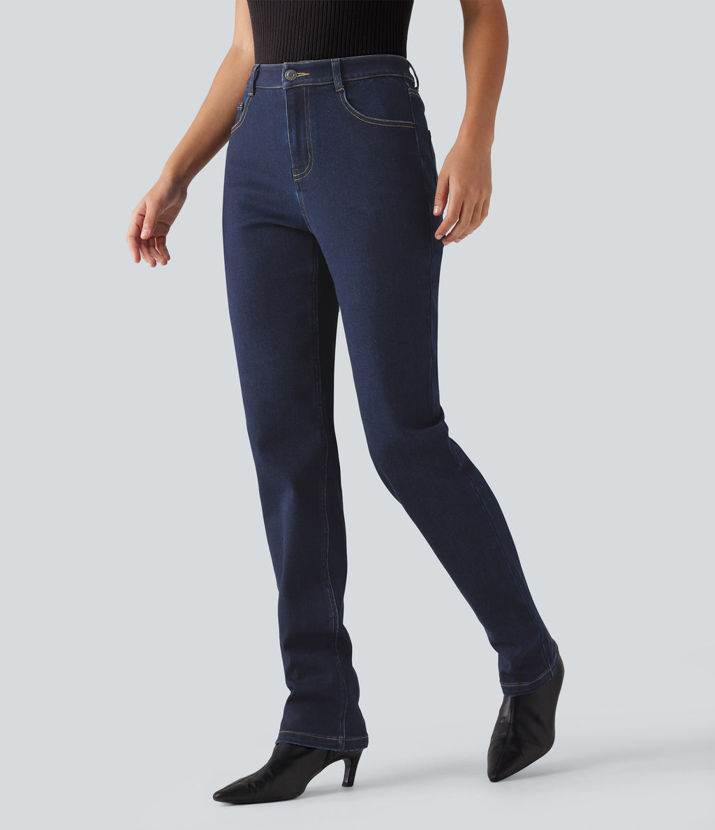 Mid Rise Straight Leg Casual Cotton Jeans with Pockets — Inkling Blue Denim — view 3