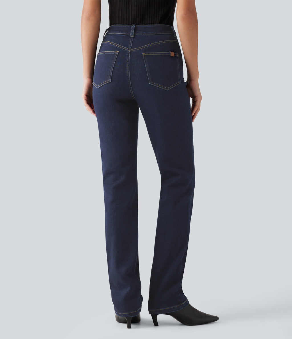 Mid Rise Straight Leg Casual Cotton Jeans with Pockets — Inkling Blue Denim — view 2
