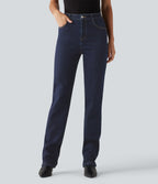 Mid Rise Straight Leg Casual Cotton Jeans with Pockets — Inkling Blue Denim — view 1