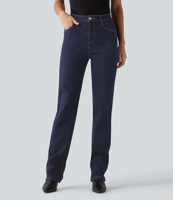 Mid Rise Straight Leg Casual Cotton Jeans with Pockets — Inkling Blue Denim — view 1