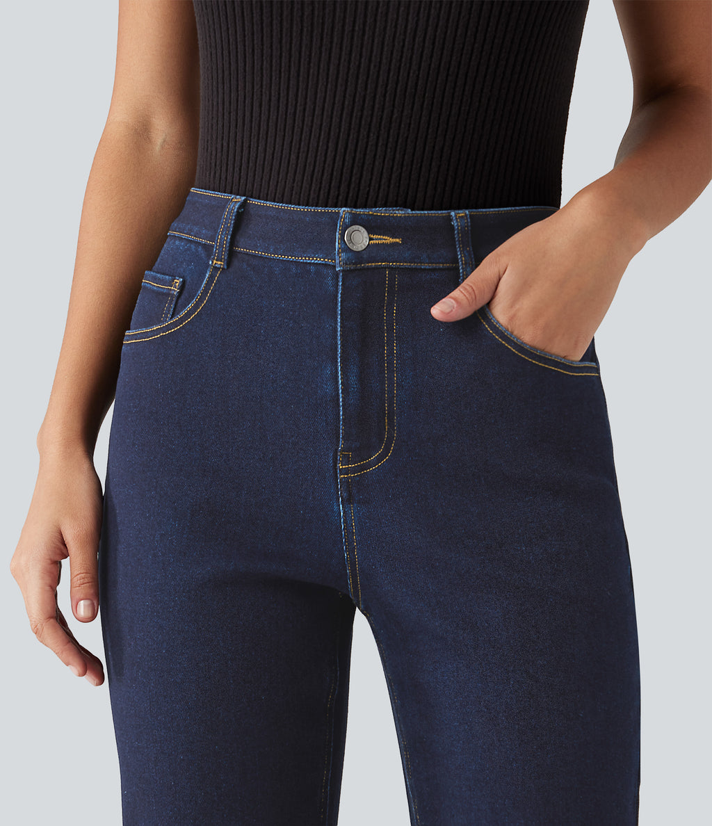 Mid Rise Straight Leg Casual Cotton Jeans with Pockets — Inkling Blue Denim — view 4