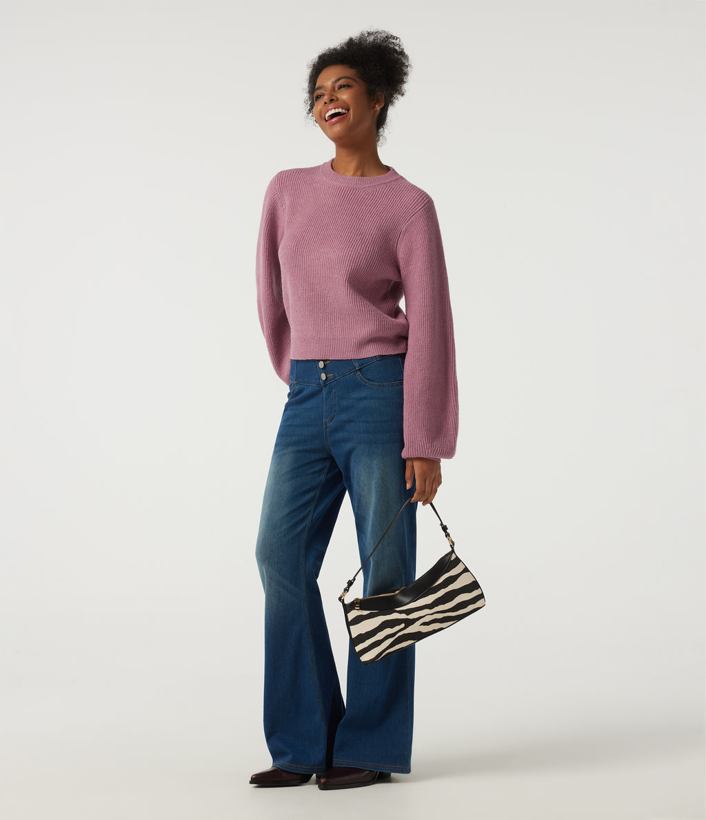 Round Neck Puff Long Sleeve Casual Jumper — Foxglove — view 7