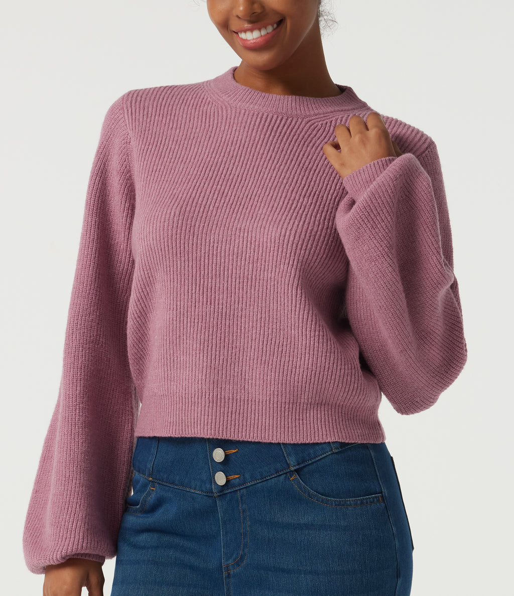Round Neck Puff Long Sleeve Casual Jumper — Foxglove — view 5