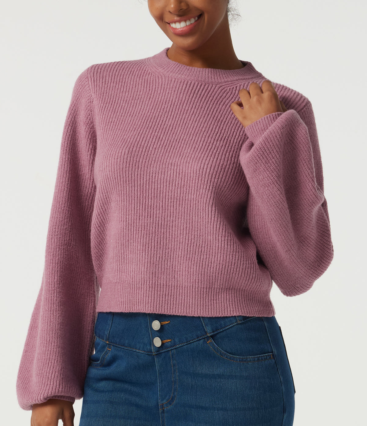 Round Neck Puff Long Sleeve Casual Jumper — Foxglove — view 5