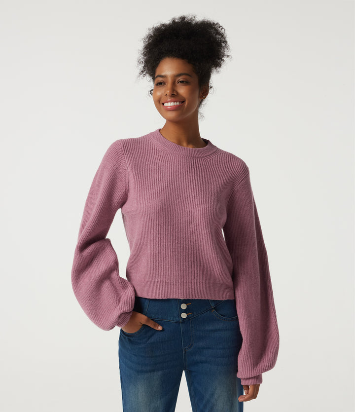 Round Neck Puff Long Sleeve Casual Jumper — Foxglove — view 1