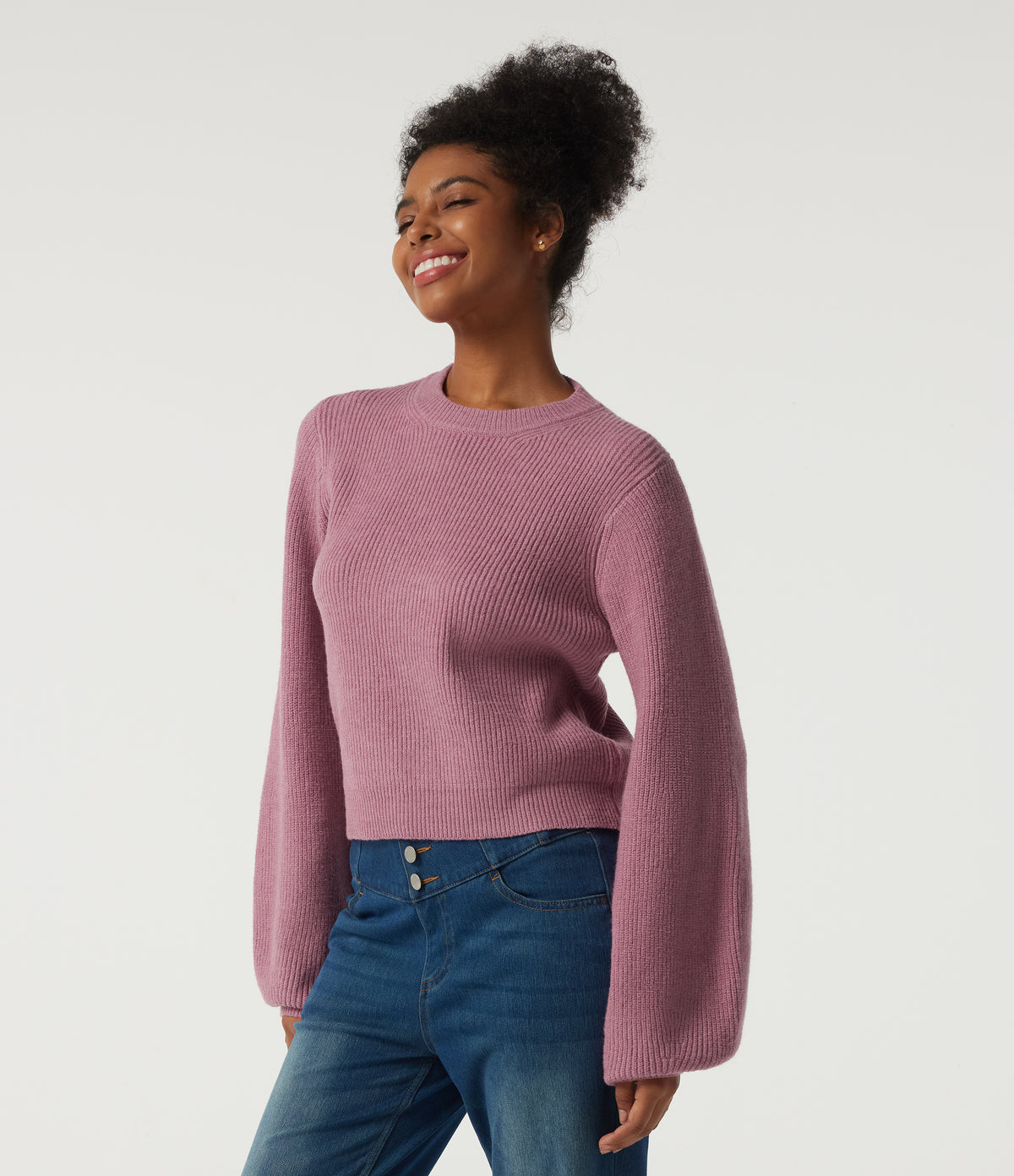 Round Neck Puff Long Sleeve Casual Jumper — Foxglove — view 3