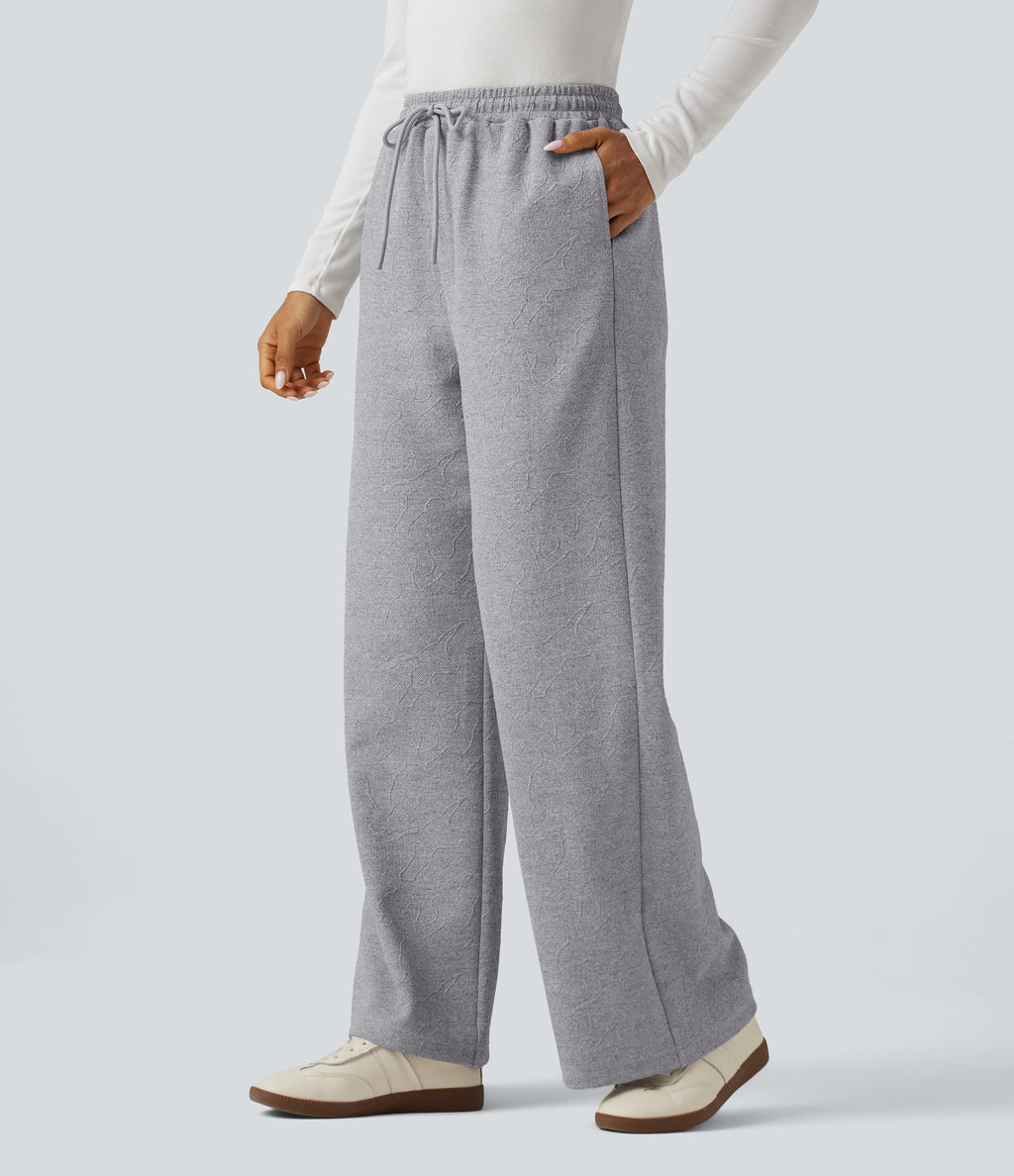High Waisted Jacquard Patterned Wide Leg Casual Joggers with Pockets — Koala Grey — view 3