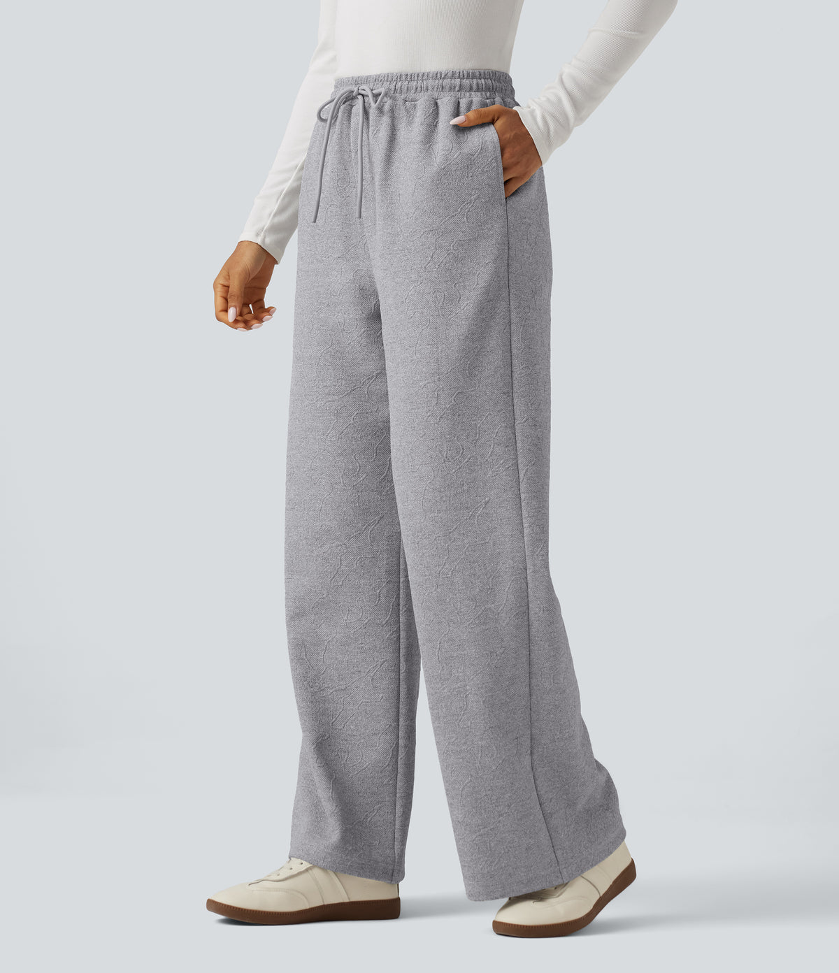 High Waisted Jacquard Patterned Wide Leg Casual Joggers with Pockets — Koala Grey — view 3