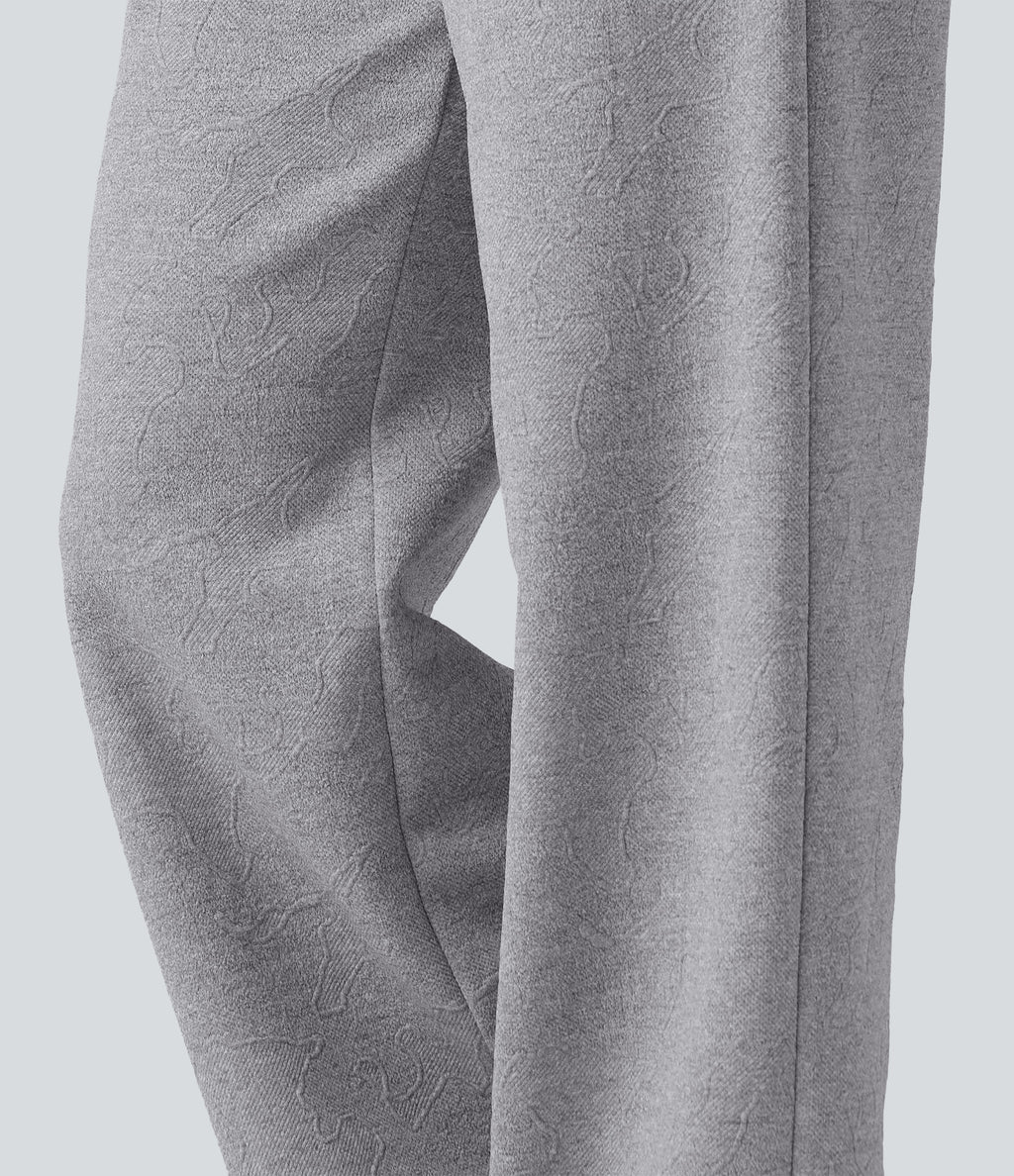 High Waisted Jacquard Patterned Wide Leg Casual Joggers with Pockets — Koala Grey — view 5
